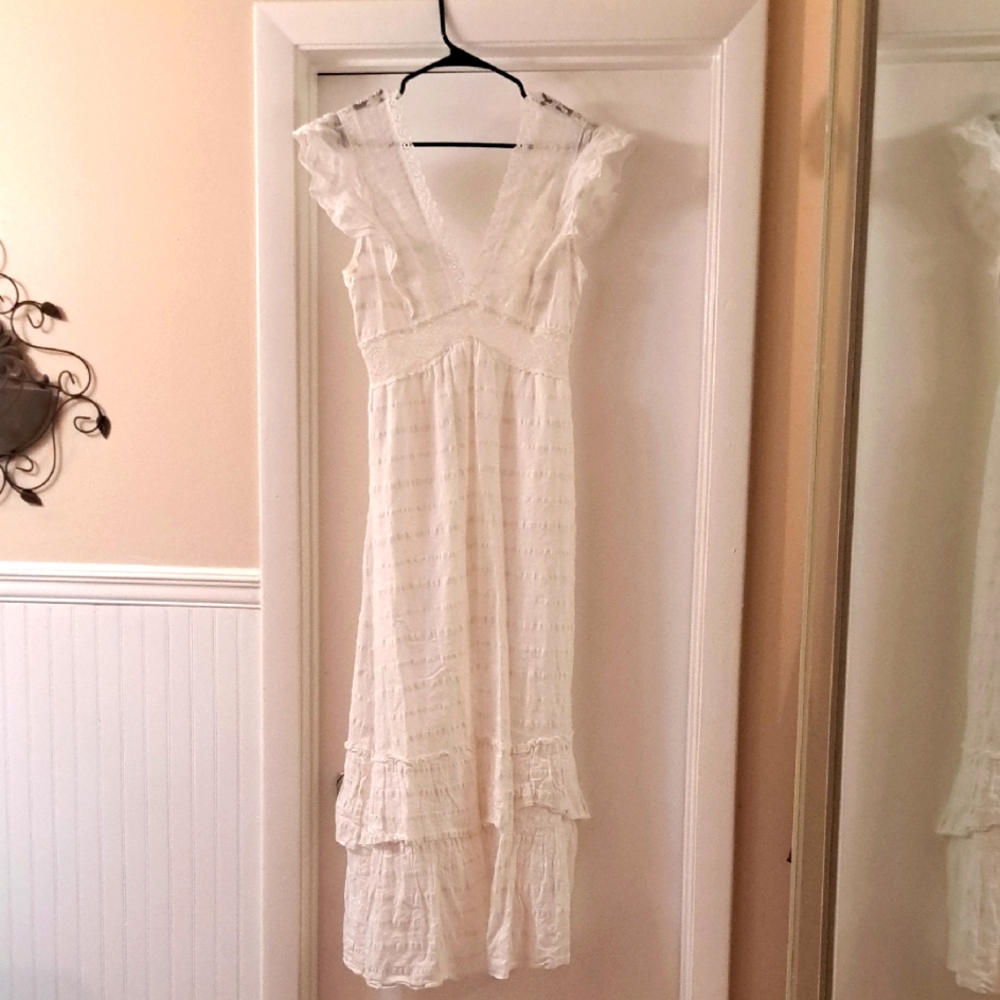 Glamaker Elegant White Lace Trim  Cotton Maxi Dress SzS Like New